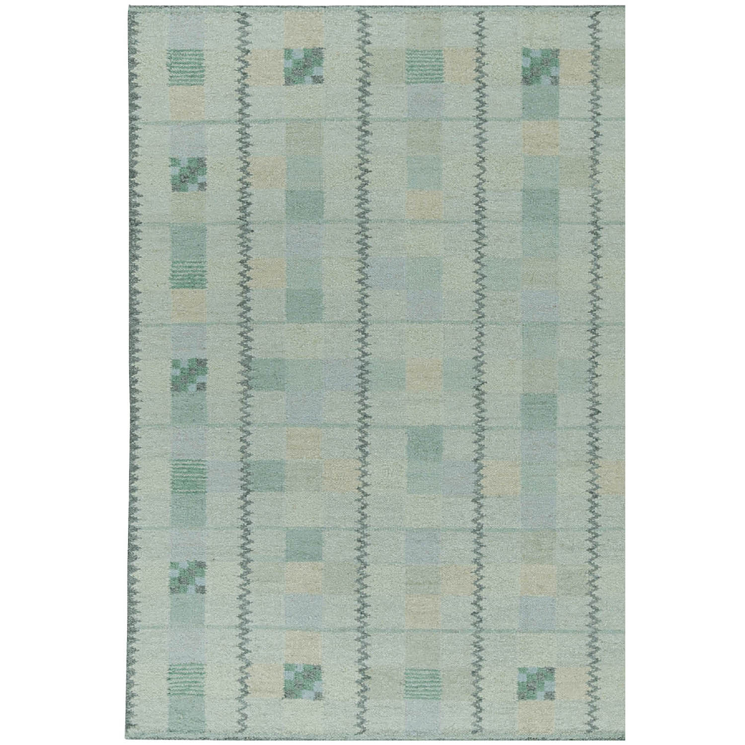 Green geometric rug with subtle checkerboard pattern and vertical zigzag stripes. Squares feature muted tones of green and tan, creating a calm, earthy vibe.