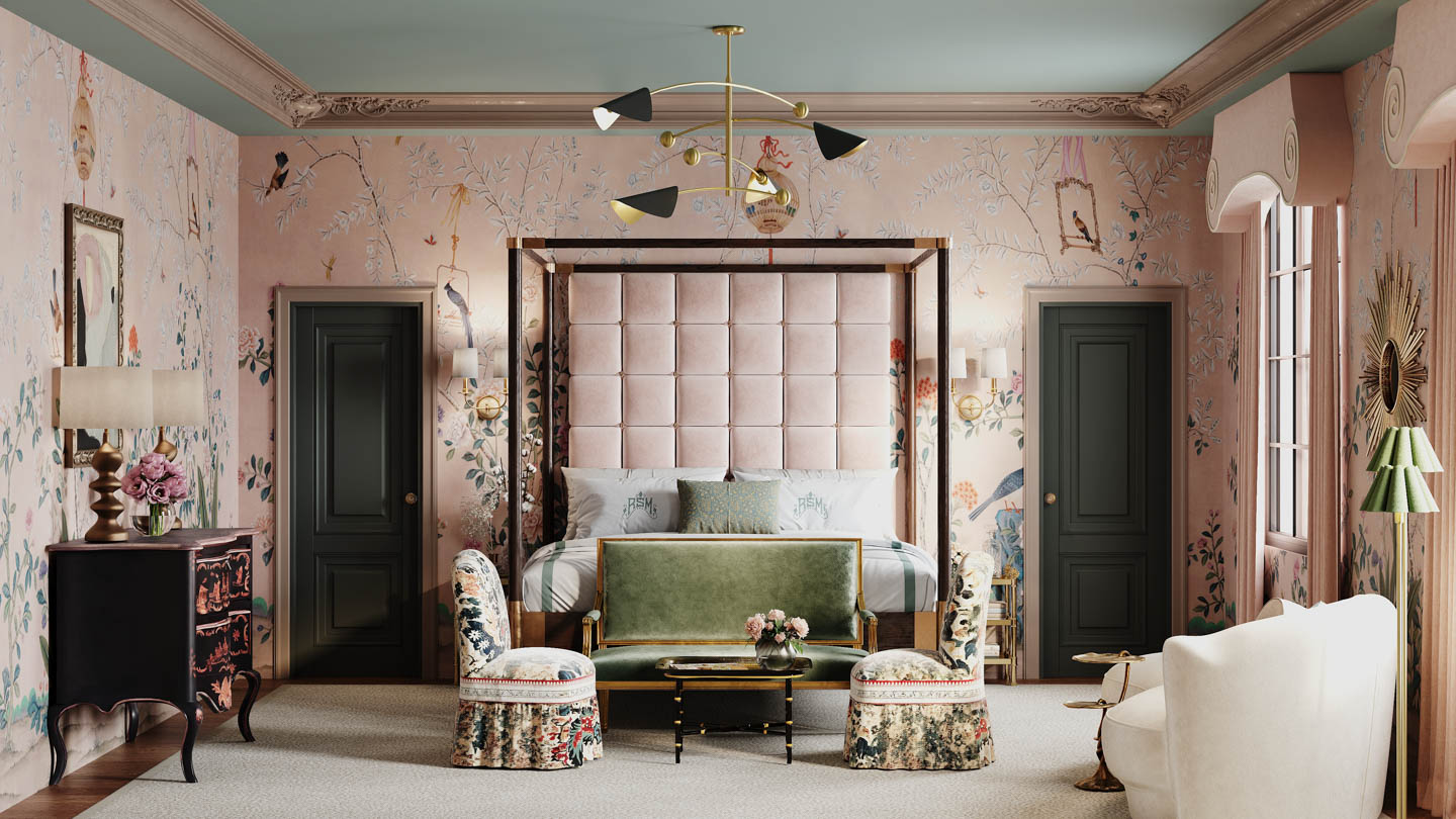 A charming bedroom showcasing pink walls and green furniture, blending warmth and freshness in its design.
