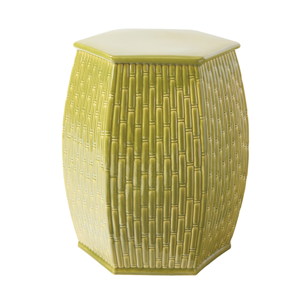 Hexagonal ceramic stool with a yellow-green bamboo pattern and glossy finish.