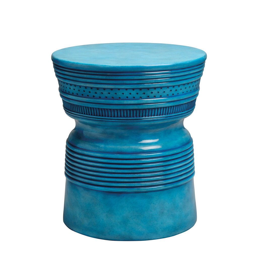 Blue ceramic stool with a barrel-shaped design, featuring horizontal ridges and decorative patterns around the middle and top.