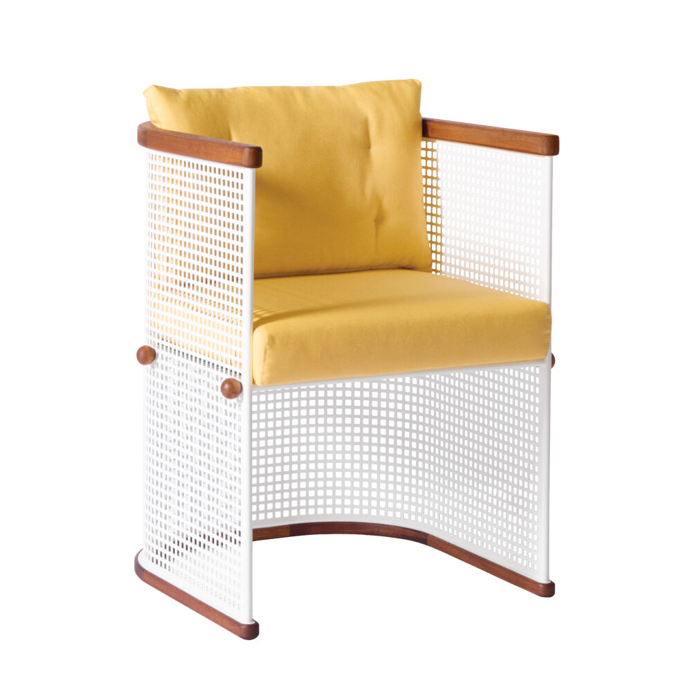 Modern chair with a yellow cushion, white perforated metal sides and back, and wooden armrests and accents, set against a white background.