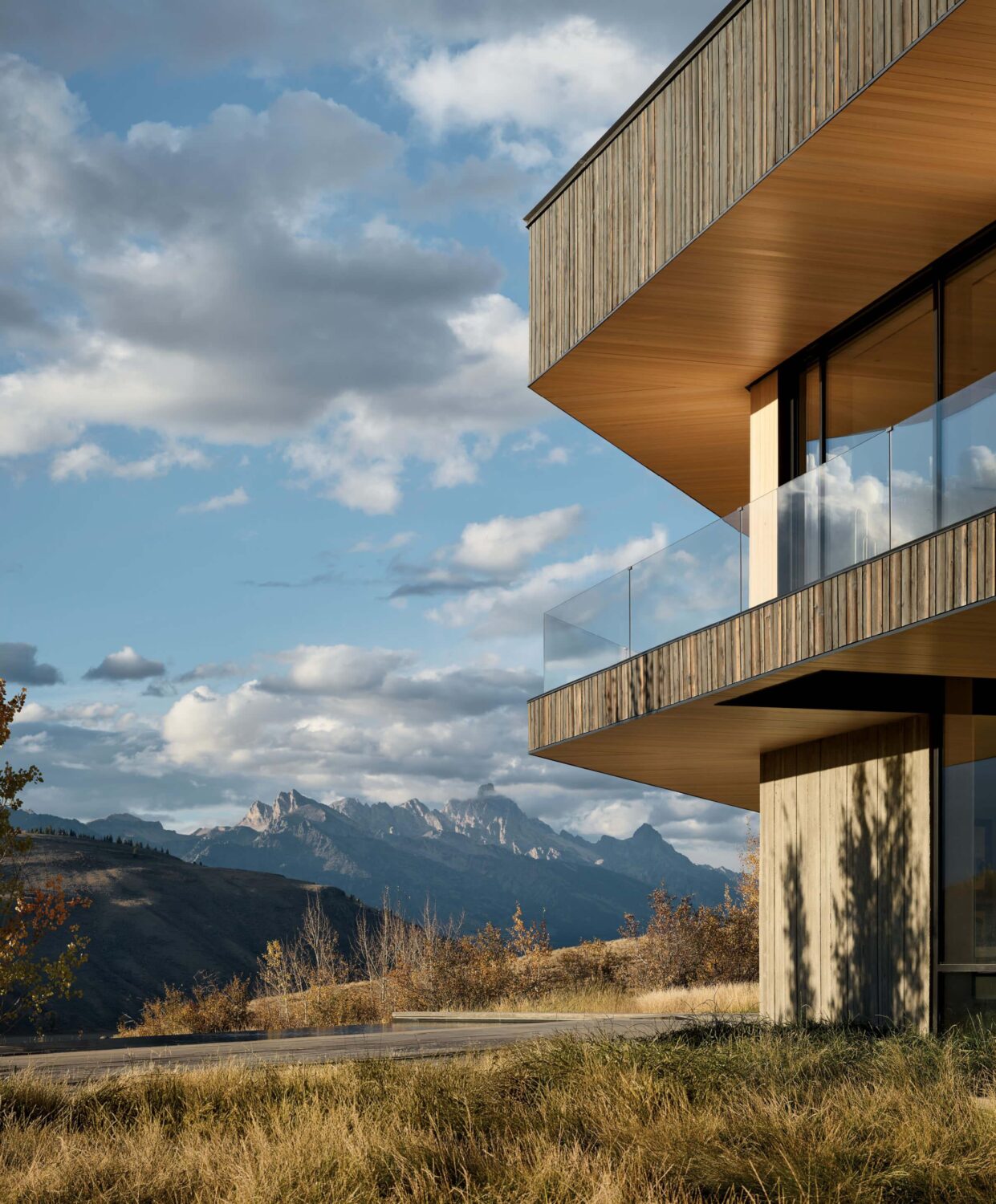 Modern house with wood paneling and glass railings overlooks grassy field and distant mountains under a partly cloudy sky.