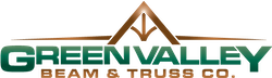 Logo for Green Valley Beam & Truss Co. featuring stylized green and brown text with a triangular roof graphic above the name.