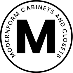 Black letter "M" in the center of a white circle. Text around the edge reads "MODERNFORM CABINETS AND CLOSETS.