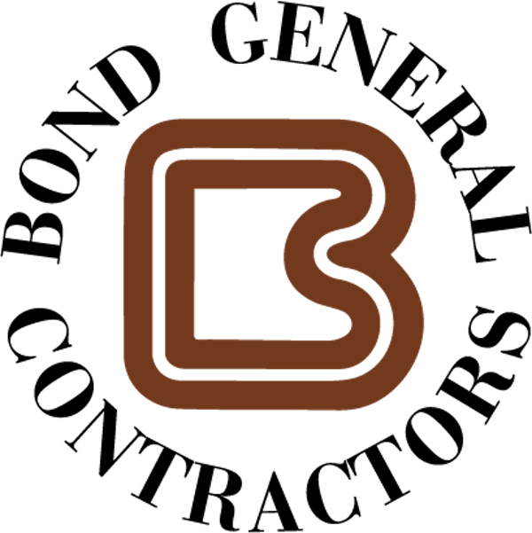 Brown stylized "B" logo in the center, with the words "Bond General Contractors" in black, curved around the top and bottom on a white background.