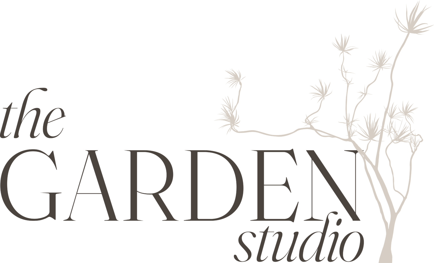 Logo with the text "the GARDEN studio" in elegant fonts, accompanied by a light, minimalist illustration of a tree branch on the right side.